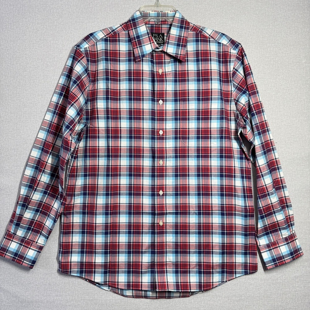 Jos A Bank Shirt Mens Medium Blue Red Plaid Travelers Collection Button Front - Picture 1 of 14